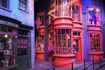 Harry Potter film set showing a red house with big windows