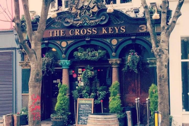 Outside of a pub called The Cross Keys